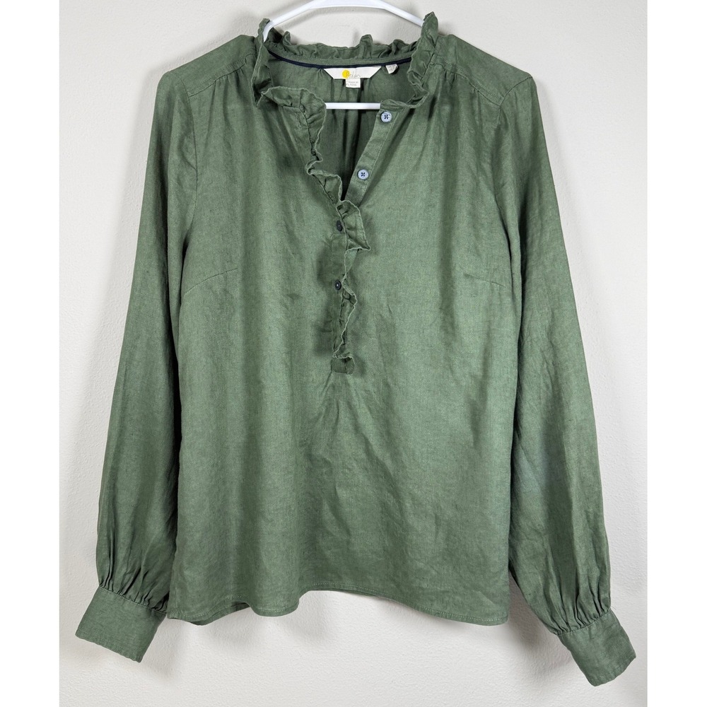 Boden 100% Linen Popover Top Women 10 Green Puff Sleeve Coastal Cottagecore